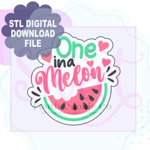 May include: A digital download file with the text "STL DIGITAL DOWNLOAD FILE" in a cloud-shaped graphic. The main design features the phrase "One in a Melon" in green and pink, with a watermelon slice.