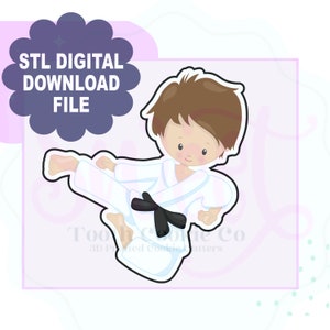 May include: An illustration of a cartoon boy in a white karate uniform with a black belt, kicking. The image includes the text "STL DIGITAL DOWNLOAD FILE" in a purple cloud-shaped design. The background is light purple.
