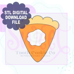 May include: A digital download file for a 3D printed cookie cutter in the shape of a slice of pumpkin pie with a swirl of whipped cream on top. The file is for an STL digital download.