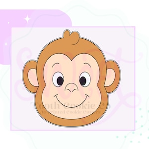 May include: A cartoon monkey face cookie cutter. The monkey has brown fur, big eyes, and a smile.