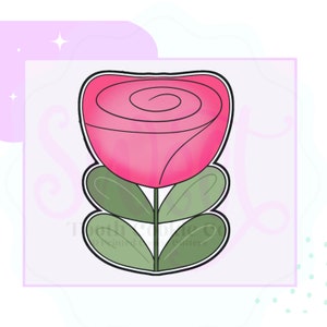 May include: A pink rose with a green stem and leaves. The rose is outlined in black and has a swirl pattern in the center.