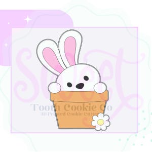 May include: A white bunny peeking out of an orange flower pot, with pink inner ears and a smiling face. A white daisy is on the side of the pot. The text "Tooth Cookie Co" is at the bottom.