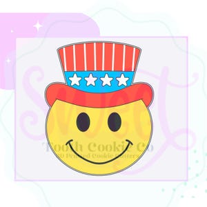 May include: A yellow smiley face cookie cutter wearing a red, white, and blue Uncle Sam hat. The hat has red and white stripes and a blue band with white stars. The cutter has the text "Tooth Cookie Co" on the bottom.