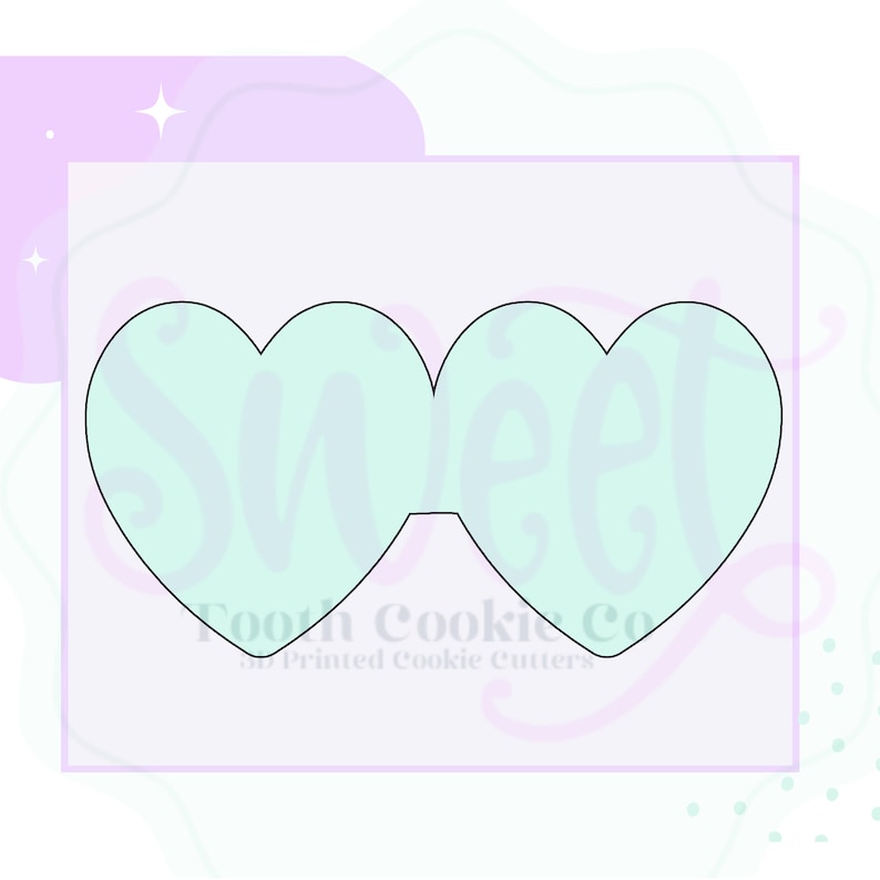 May include: A cookie cutter in the shape of two connected hearts. The cutter is outlined in black and filled with a light blue color. The text "Sweet" is written in a cursive font over the cutter. The text "Tooth Cookie Co. 3D Printed Cookie Cutters" is written below the cutter.