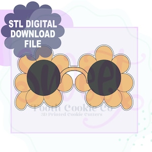 May include: A digital download file featuring a sunflower-shaped cookie cutter design. The cutter has two large, round, dark centers surrounded by yellow petals. The text "STL DIGITAL DOWNLOAD FILE" is in a cloud-shaped graphic.