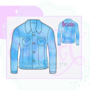 May include: A blue denim jacket with a tie-dye pattern. The back of the jacket has the word "bride" written in pink lettering.