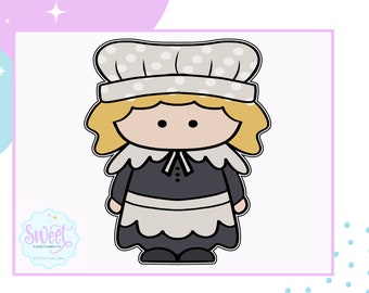 May include: A black and white illustration of a pilgrim girl wearing a white bonnet with black polka dots, a black dress with a white collar and apron, and black shoes.