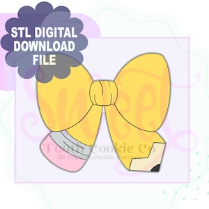 May include: A yellow pencil bow cookie cutter with a black outline. The bow is tied in the center and the ends of the bow are shaped like the tip of a pencil.