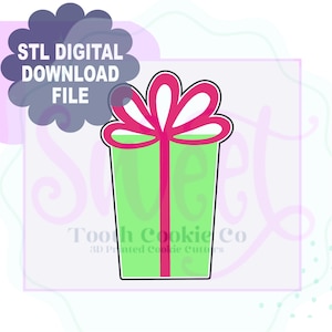 May include: A green gift box with a red ribbon and bow. The box is outlined in black. STL Digital Download File.