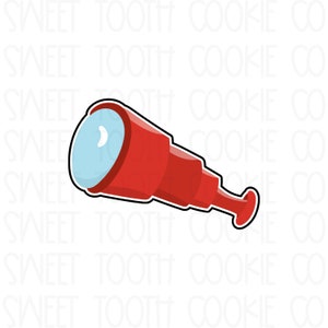 May include: A red and white cartoon telescope with a black outline. The telescope is pointing to the right.