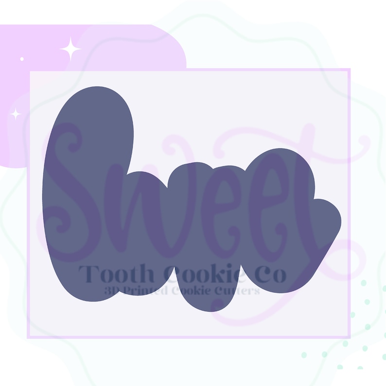 Puede incluir: Un cortador de galletas morado en forma de la palabra "Sweet" con el texto "Tooth Cookie Co. 3D Printed Cookie Cutters" debajo.