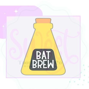 May include: A yellow, potion-shaped cookie cutter with a cork top and the words "BAT BREW" in white on a black label. The design is perfect for Halloween-themed baking and crafting projects.