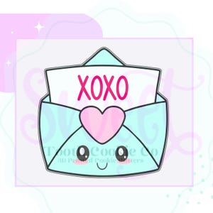 May include: A light blue envelope cookie cutter with a pink heart and the word "XOXO" on the front. The cutter has a cute cartoon face with black eyes and a smile.