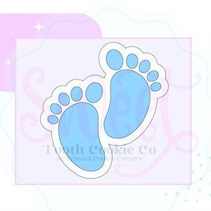 May include: A blue and white cookie cutter in the shape of baby footprints. The footprints are filled with a light blue color and outlined in white. The cookie cutter is on a light purple background with the text "Tooth Cookie Co" and "3D Printed Cookie Cutters".