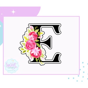 May include: A black letter E with pink and white watercolor flowers and green leaves around it.