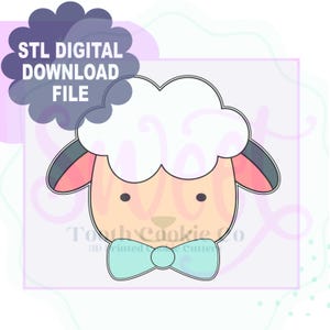 May include: A digital download file showing a cartoon sheep's head with white, fluffy hair, pink ears, and a light blue bow tie. The text "STL DIGITAL DOWNLOAD FILE" is in a dark blue cloud-shaped bubble.
