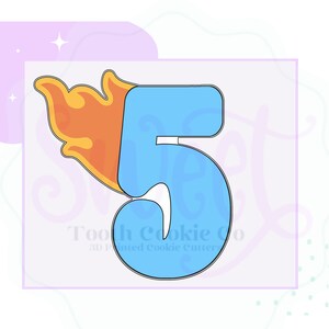 May include: A blue number five cookie cutter with a flame design. The cutter is made of 3D printed plastic and is designed for making cookies.