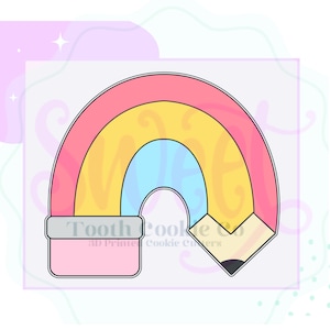 May include: A rainbow-colored pencil cookie cutter with a gray eraser. The cutter is shaped like a pencil with a rainbow-colored body and a gray eraser. The cutter is made of plastic and is designed to cut out cookies in the shape of a pencil.