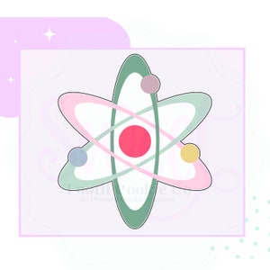 May include: A green, pink, and blue atom cookie cutter. The atom has a large red circle in the center and three smaller circles orbiting around it.