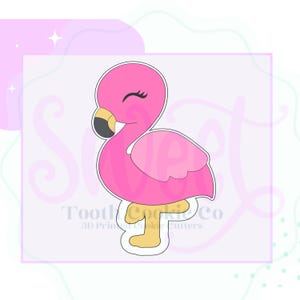 May include: Pink flamingo cookie cutter with a closed eye and a yellow beak. The cutter is in a standing position with one leg raised.