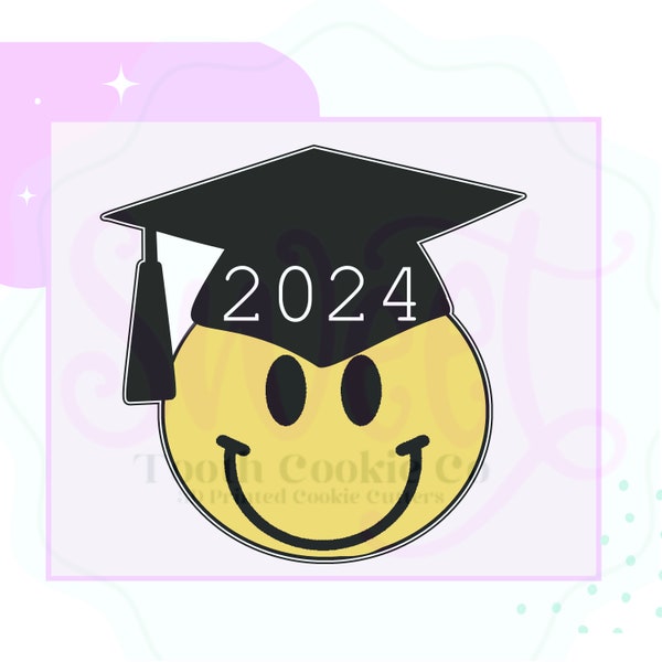 Smiley Face Graduation Cookie Cutter. Grad Cookie Cutter. Graduation Cap Cookie Cutter. 2024 Cookie Cutter. Grad 3D Printed Cookie Cutter.