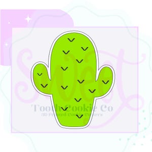 May include: A green cactus cookie cutter with a black outline and a prickly design. The cutter is shaped like a traditional cactus with a rounded top and a single arm.