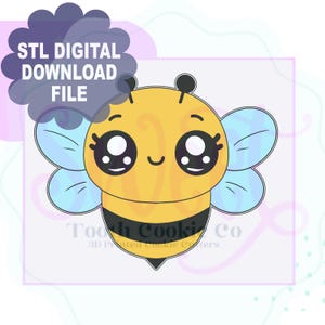 May include: A 3D printed cookie cutter shaped like a cartoon bee with big eyes, a smile, and black and yellow stripes. The bee has blue wings.