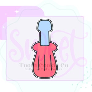 May include: A red and blue cookie cutter shaped like a screwdriver. The cookie cutter is outlined in black.