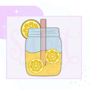 May include: A blue mason jar with a yellow liquid and lemon slices inside. A pink straw sticks out of the top of the jar.