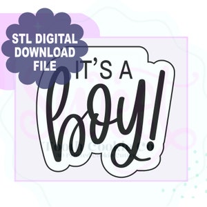 Può includere: Un file di download digitale in bianco e nero per un tagliapasta a forma di striscione che dice "È un maschio!"