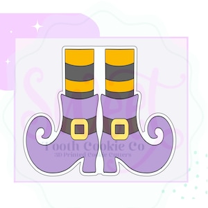 May include: A purple witch boot cookie cutter with a brown belt and gold buckle. The legs are striped black and yellow. The text "Tooth Cookie Co 3D Printed Cookie Cutters" is printed on the image.