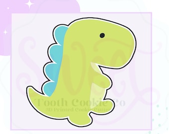 May include: A green dinosaur cookie cutter with blue spikes on its back. The cutter is in a standing position with its mouth closed and its eyes closed. The text "Tooth Cookie Co. 3D Printed Cookie Cutters" is visible at the bottom of the image.
