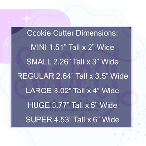 Puede incluir: Un gr&aacute;fico que muestra las dimensiones de los cortadores de galletas en pulgadas. El gr&aacute;fico enumera los tama&ntilde;os "Mini", "Peque&ntilde;o", "Regular", "Grande", "Enorme" y "Super" con las medidas de altura y ancho correspondientes para cada tama&ntilde;o.