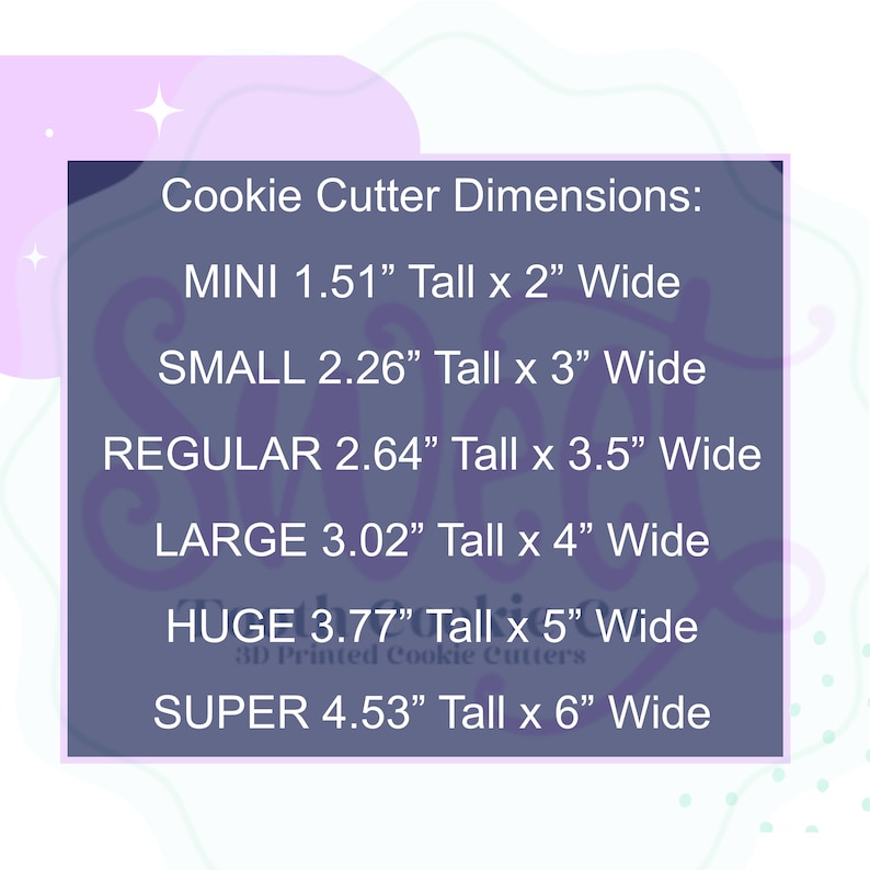 Puede incluir: Un gr&aacute;fico que muestra las dimensiones de los cortadores de galletas en pulgadas. El gr&aacute;fico enumera los tama&ntilde;os "Mini", "Peque&ntilde;o", "Regular", "Grande", "Enorme" y "Super" con las medidas de altura y ancho correspondientes para cada tama&ntilde;o.