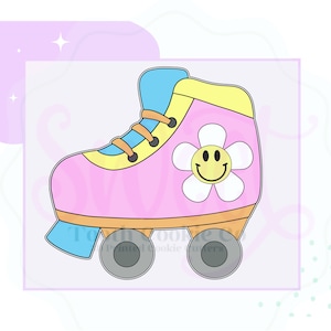 May include: Pink roller skate cookie cutter with a yellow and blue trim. The skate has a white flower with a yellow smiley face on it.