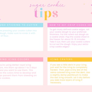 May include: A pink and yellow infographic with tips for baking sugar cookies. The tips include how to prevent dough from sticking to the cutter, how to get crisp cookie edges, how to mix icing colors, and how to fix icing craters.