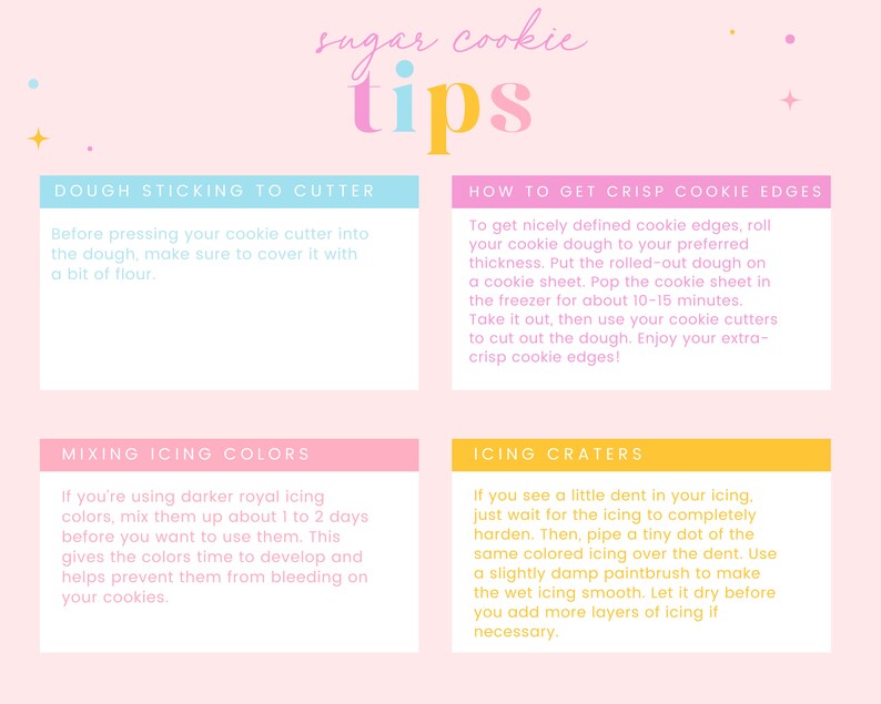 May include: A pink and yellow infographic with tips for baking sugar cookies. The tips include how to prevent dough from sticking to the cutter, how to get crisp cookie edges, how to mix icing colors, and how to fix icing craters.
