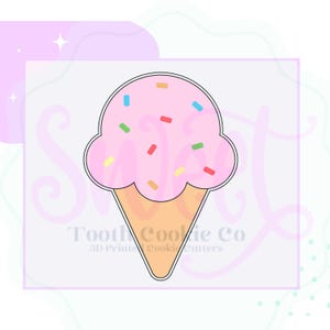 May include: A pink ice cream cone cookie cutter with colorful sprinkles. The cone is light brown, and the ice cream has a rounded shape. The text "Tooth Cookie Co" is printed at the bottom.
