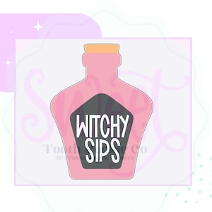 May include: A pink potion bottle-shaped cookie cutter with a cork top and the words "Witchy Sips" in white on a black label. The design is set against a light background with decorative elements.