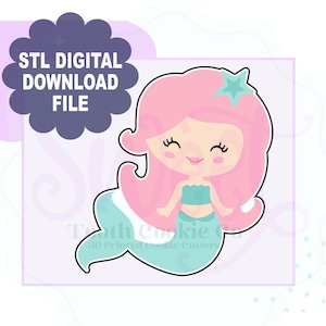 May include: A digital download file for a 3D printed cookie cutter of a mermaid with pink hair, a teal tail, and a star on her head. The file is in STL format.