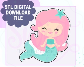 May include: A digital download file for a 3D printed cookie cutter of a mermaid with pink hair, a teal tail, and a star on her head. The file is in STL format.