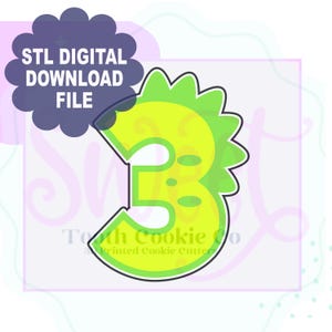 May include: A digital download file for a 3D printable cookie cutter in the shape of the number 3. The number is green and yellow with a textured surface. The file is for an STL digital download.
