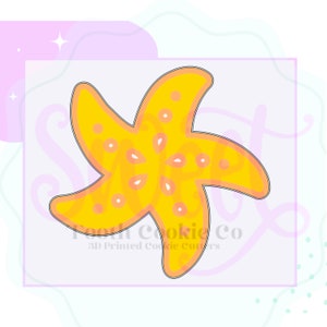 May include: A yellow starfish cookie cutter with a detailed design. The cutter is made of 3D printed plastic and is perfect for making cookies.