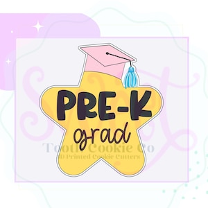 May include: A yellow star-shaped cookie cutter with a graduation cap on top. The cutter says "PRE-K grad" in black lettering.