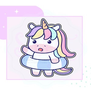 May include: A cartoon unicorn wearing a blue and white striped inflatable ring. The unicorn has a pink, yellow, and blue mane and tail. The unicorn is looking to the left with a surprised expression.