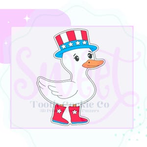 May include: A white cartoon goose wearing a red, white, and blue Uncle Sam hat and red boots. The goose has an orange beak and is a cookie cutter. The text "Tooty Cookie Co 3D Printed Cutters" is visible.