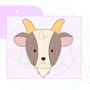 May include: A brown and white goat head cookie cutter with yellow horns. The cookie cutter has a simple, cartoon-like design.