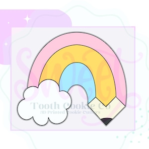 May include: A rainbow-colored cookie cutter shaped like a pencil with a cloud at the bottom. The text "Tooth Cookie Co. 3D Printed Cookie Cutters" is on the cloud.