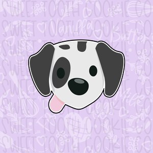 May include: A cartoon Dalmatian dog with black spots and a pink tongue sticking out. The dog is looking to the right. The background is a light purple with a repeating pattern of the words "Sweet Tooth Cookies".