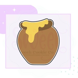 May include: A brown cookie cutter in the shape of a honey pot with yellow honey dripping from the top. The cookie cutter has a black outline and is set against a light purple background with the text "Sooth Cookie Co" and "3D Printed Cookie Cutters".